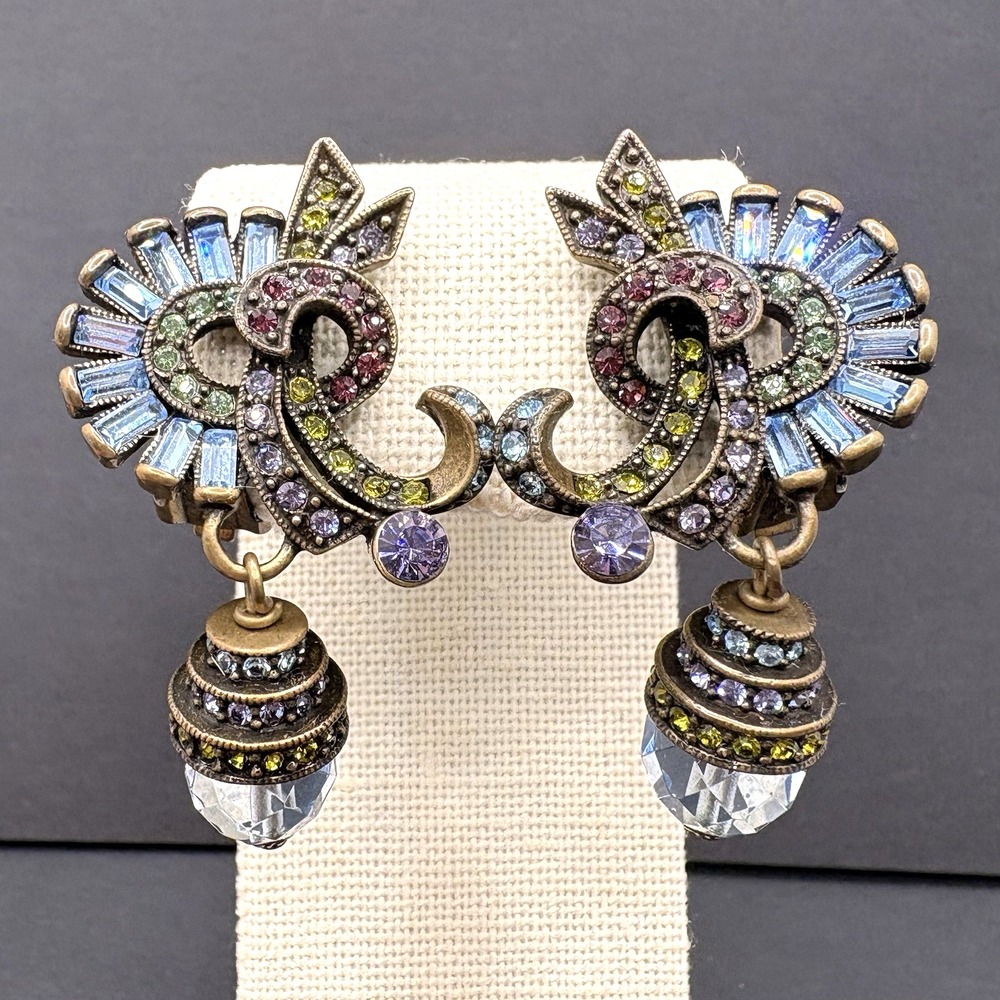 Vintage Heidi Daus Art Deco Crystal Clip On Earrings Dangle Drop Bronze Tone
